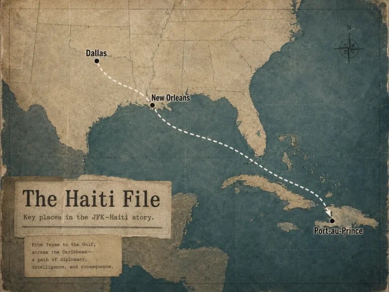Editorial map tracing Dallas, New Orleans and Port-au-Prince in the JFK and Haiti story