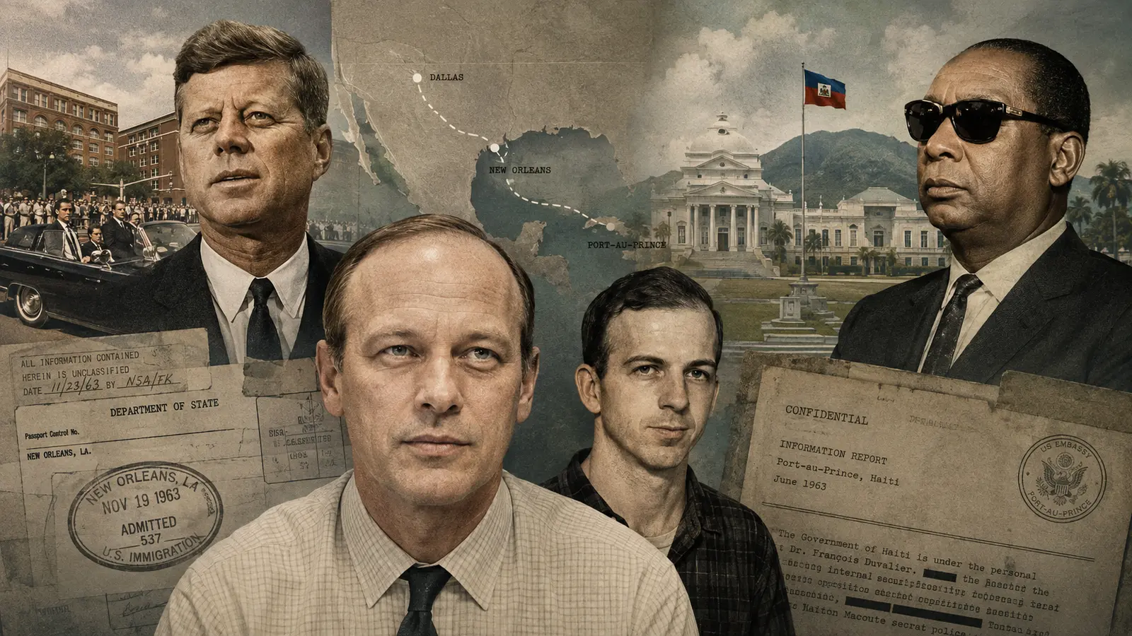 Editorial composite of John F. Kennedy, François Duvalier, Lee Harvey Oswald and George de Mohrenschildt