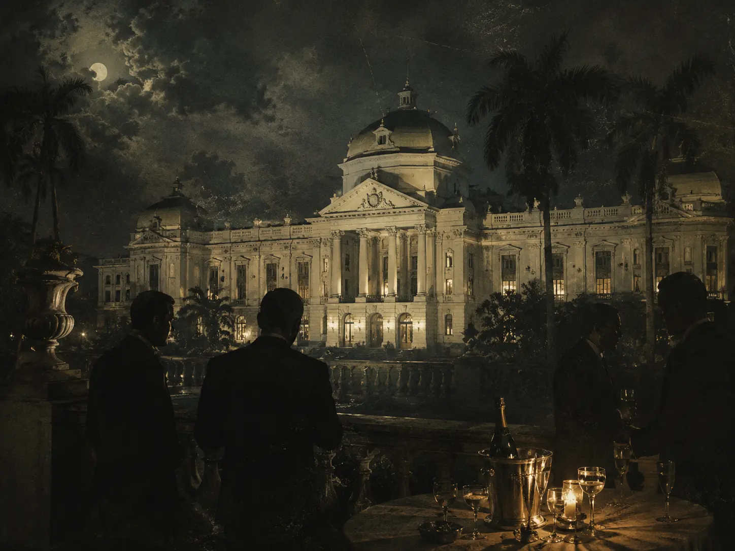 Editorial nighttime scene of Haiti’s National Palace with champagne glasses, illustrating published accounts after Kennedy’s assassination